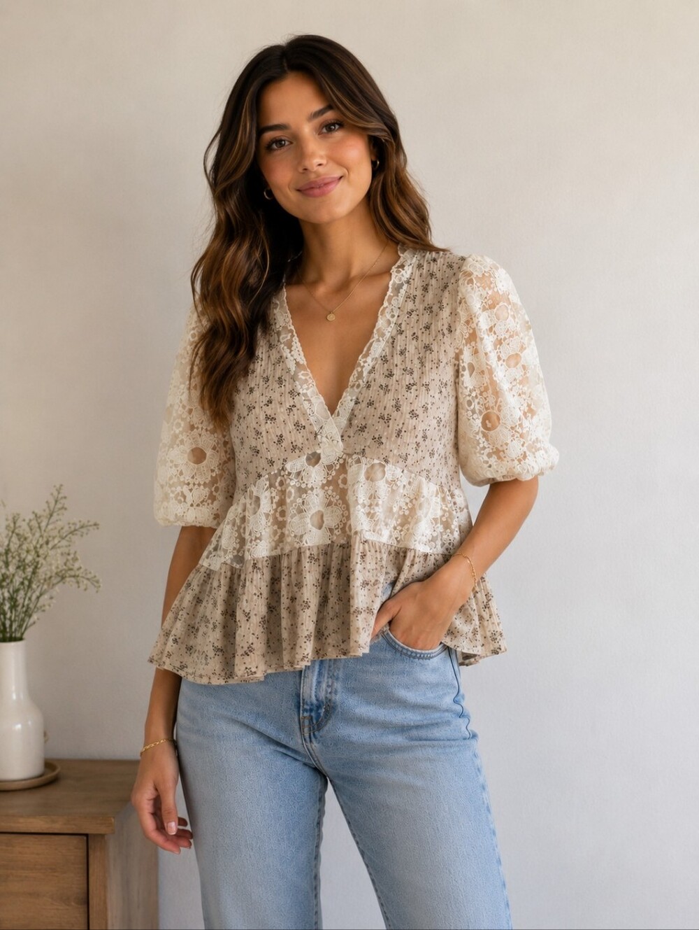 Everyday Chic Woman's boho-style ditsy floral peplum blouse Cream Colors,Large